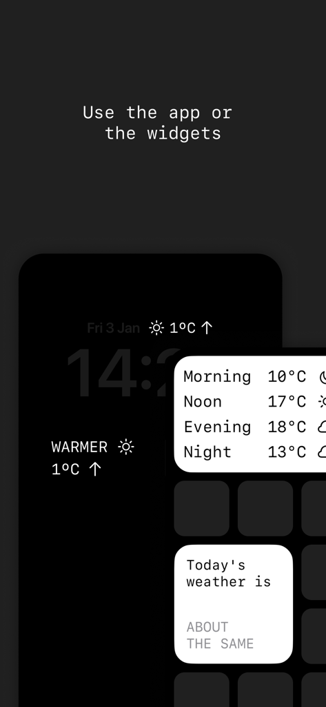 Lazy Weather: colder or warmer - iPhone home screen showing minimalist weather widgets with daily temperature comparisons