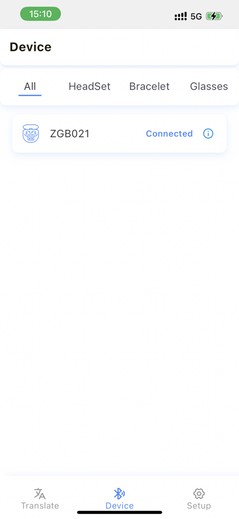 Xiaoyi Intelligence - Interface of Xiaoyi Intelligence app showing a connected Bluetooth headset device named ZGB021 under the device management tab.