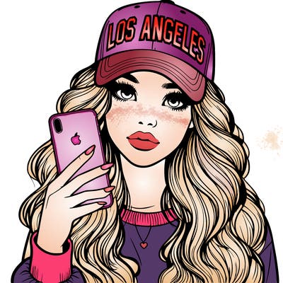 realistic beautiful girl wearing los ángeles cap holding an iphone