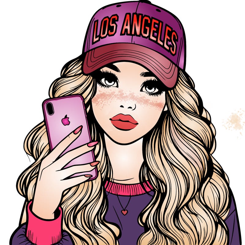 realistic beautiful girl wearing los ángeles cap holding an iphone