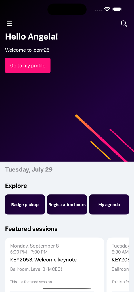 A tela inicial do aplicativo móvel Splunk Events exibindo uma saudação personalizada para o .conf25 e detalhes de sessões em destaque.