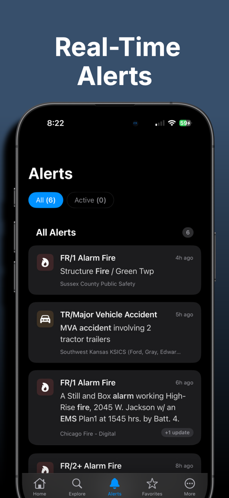 Police Scanner: Crime Radar - Una interfaz móvil que muestra alertas de emergencia en tiempo real por incendios y accidentes de vehículos con iconos descriptivos y marcas de tiempo.