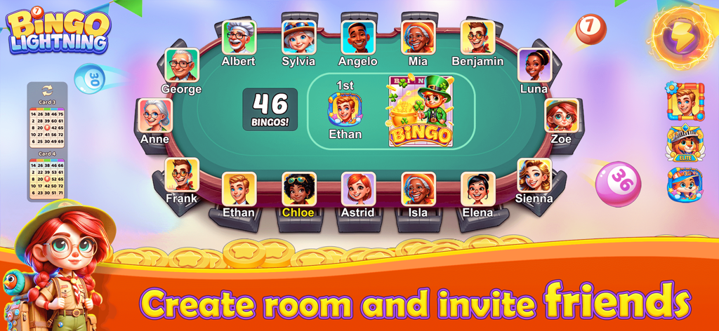 Bingo Lightning - Interfaz del juego Bingo Lightning que muestra una sala social con avatares de varios jugadores y una tabla de clasificación.