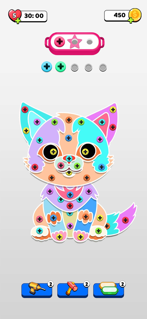 Unscrew Nuts and Bolts Jam - Nível de quebra-cabeça de gato colorido com vários parafusos em Unscrew Nuts and Bolts Jam