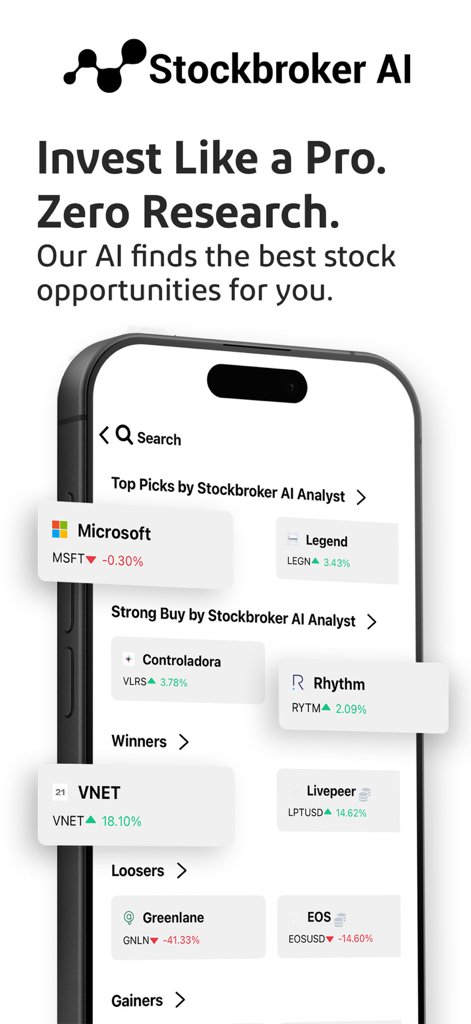 Stockbroker AI - Smartphone displaying the Stockbroker AI app interface with top stock picks and buy signals for investors