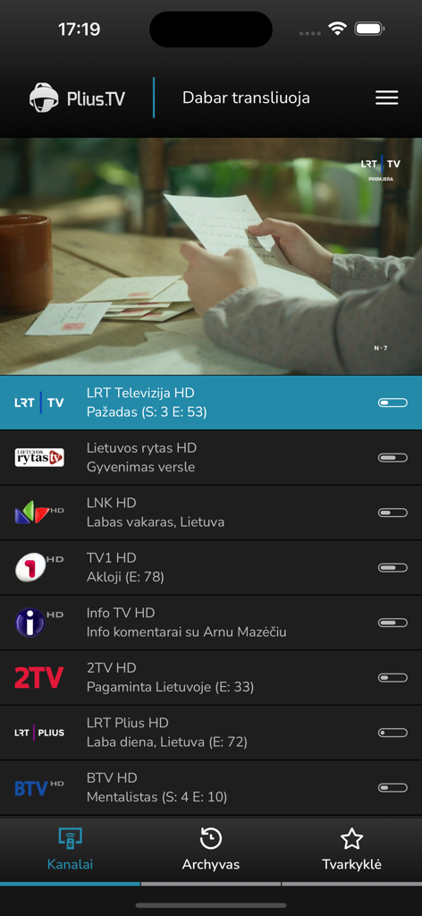 Plius.TV - Interface of the Plius.TV app displaying a selection of Lithuanian television channels and a live broadcast player.