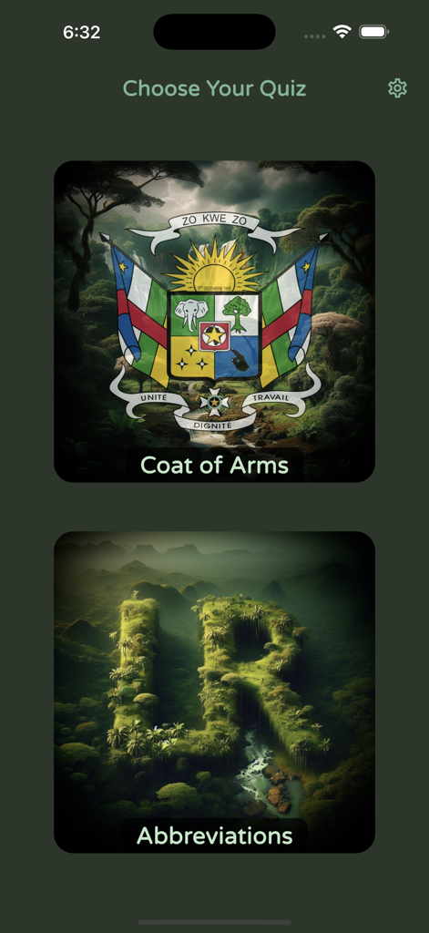 Schermata di selezione delle categorie nell'app Quiz sull'Africa che mostra le categorie Stemmi e Abbreviazioni