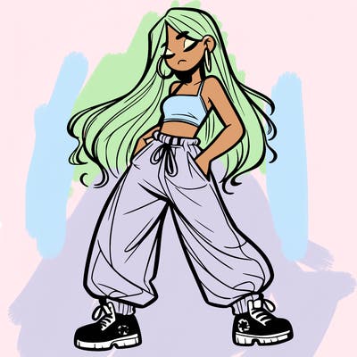 girl in baggy pants crop top and long hair