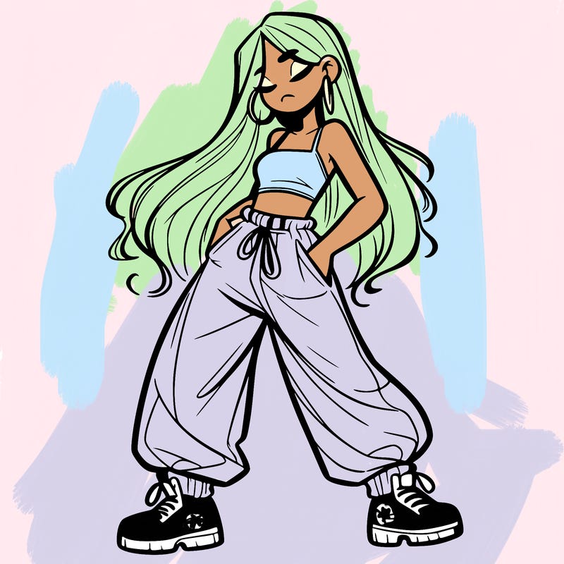 girl in baggy pants crop top and long hair
