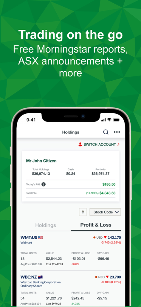 St.George Directshares app holdings screen showing total portfolio value and profit and loss for global stocks.
