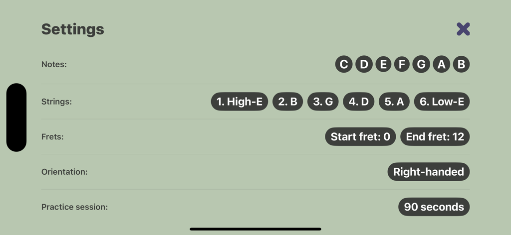 GuitarNotes - Master Fretboard - Settings screen of the GuitarNotes app showing options to customize notes strings frets and orientation