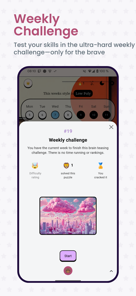 Pantalla de desafío semanal de la aplicación Mosaic que muestra un rompecabezas de un horizonte urbano con nubes rosas