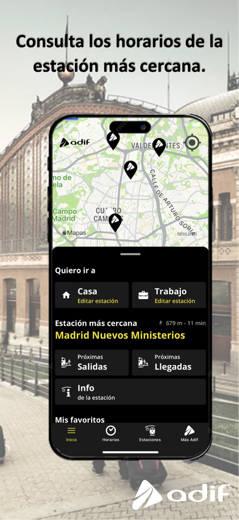 Interfaz de la aplicación Adif que muestra un mapa con estaciones de tren cercanas y opciones de horario en tiempo real