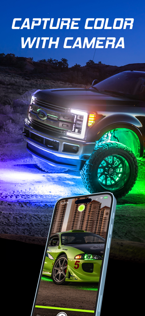XKmax - A smartphone using the XKmax app to capture color from a car to sync with LED lights on a truck.