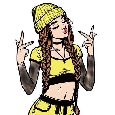 realistic teenage girl with braids and a beanie and crop top doing 🫶🏼