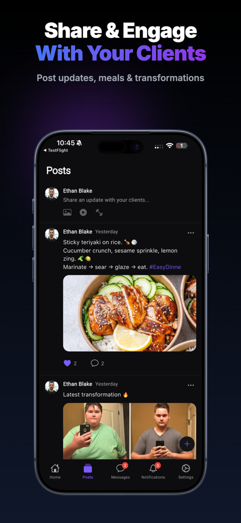 ProCoach: Fitness Coaching App - ProCoach app community feed screen showing meal posts and client transformation photos for coach-client engagement