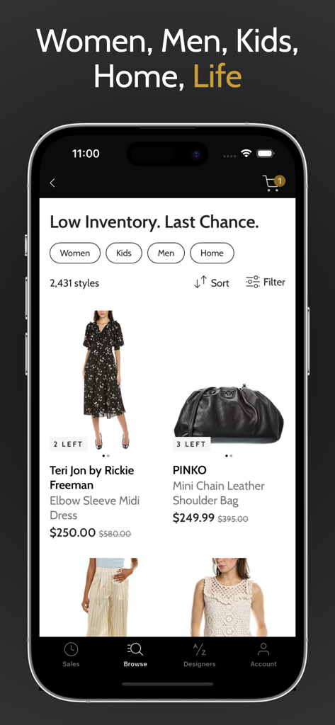 Aplicativo Gilt mostrando vendas de designer com estoque limitado em vestidos e bolsas de luxo