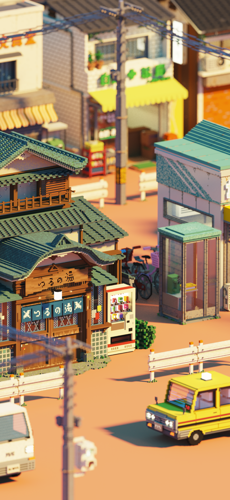 EscapeGame The Retro Bathhouse - Voxel style Japanese street scene with a traditional retro bathhouse and vintage yellow car