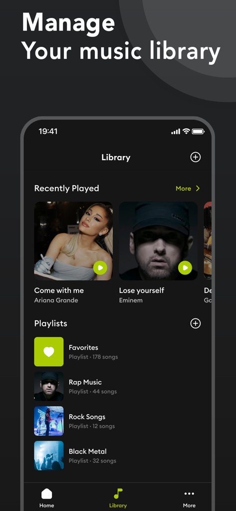 A mobile app screen showing the music library with recently played songs and organized playlists