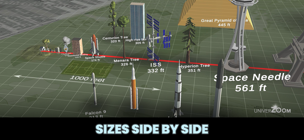 Univerzoom 3D - Explore Scale - A 3D side by side comparison of trees, skyscrapers, and spacecraft to show relative scale.