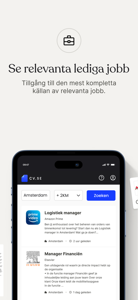 CV.se: Online CV maker - A mobile phone displaying the CV.se job search interface with several vacancy listings including Logistics Manager.
