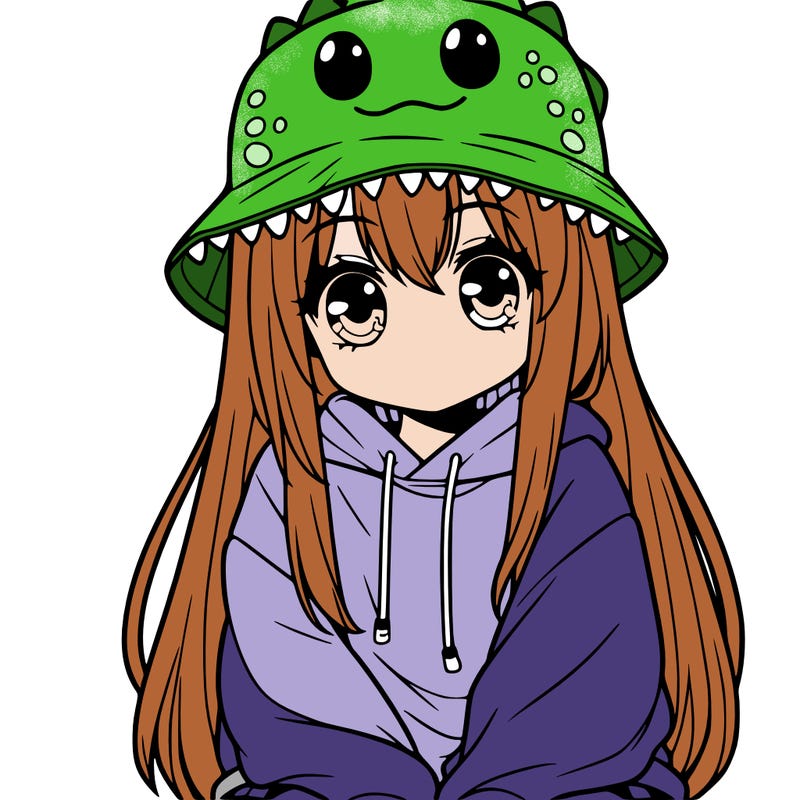girl with anime shaped eyes with a dinosaur bucket hat oversized sweatshirt long straight hair