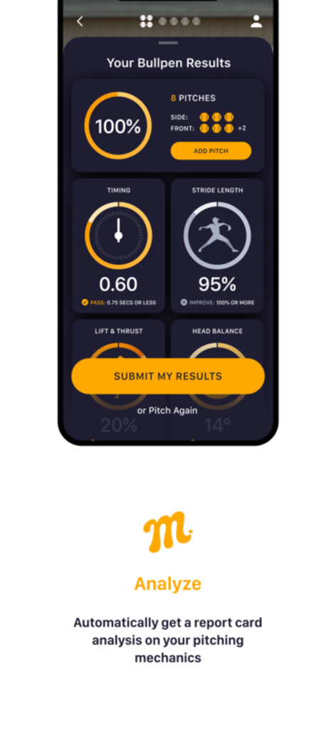 Mustard: Pitching - Interface de l'application Mustard montrant les résultats du bullpen avec des métriques de mécanique de lancer comme le timing et la longueur de la foulée