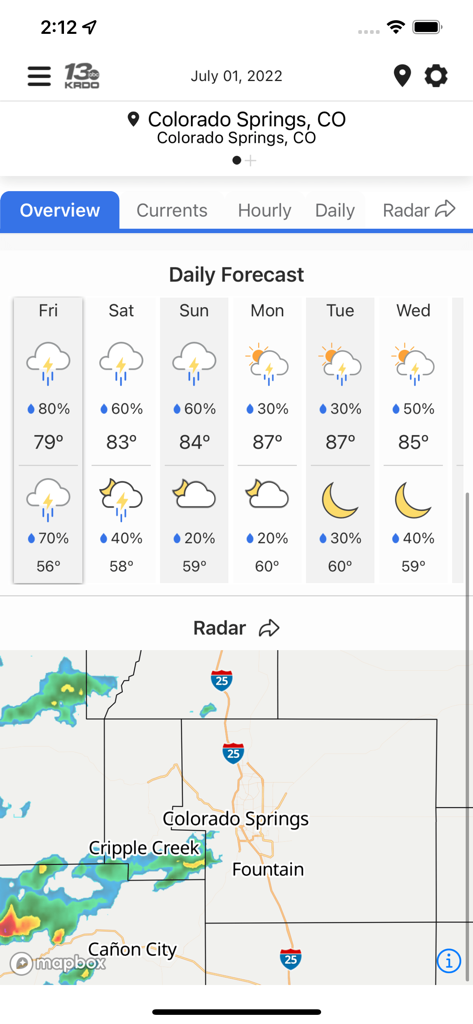 KRDO StormTracker 13 Weather - KRDO StormTracker 13 weather app interface showing a 6-day daily forecast and live radar map for Colorado Springs.