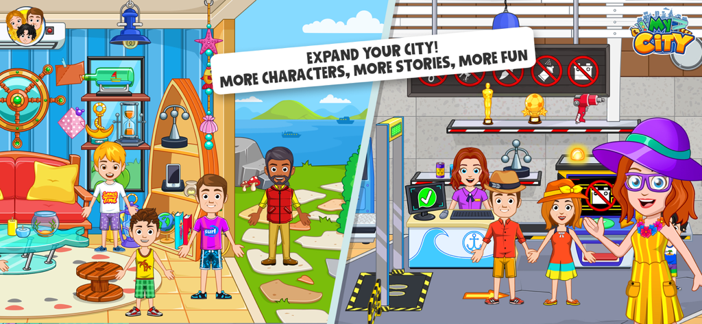Split screen showing characters in a nautical living room and a port security area in My City Boat Adventures