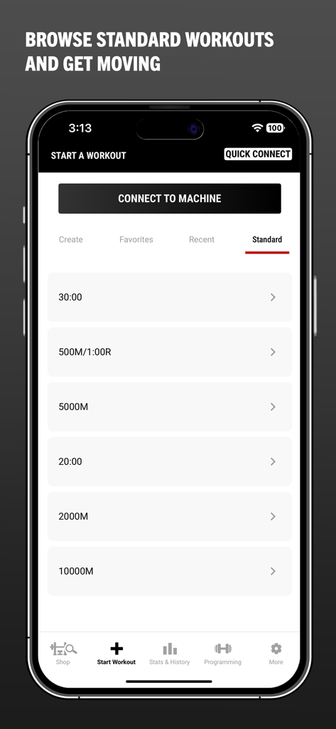 Rogue App - Écran de l'App Rogue montrant une liste d'entraînements standard de temps et de distance pour les athlètes.
