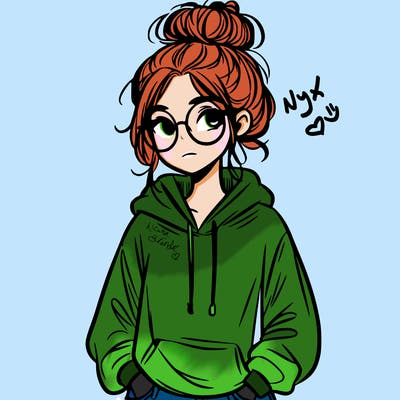 teen girl with a messy bun and glasses wearing a loose hoodie and jeans