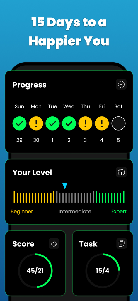 毎日の進捗、スキルレベル、完了したタスクを示す「男性心理を理解する」アプリのダッシュボード。