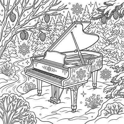 Immerse yourself in the magic of winter with this beautiful grand piano coloring page. Adorned with snowflakes and set in a snowy forest, it's perfect for a cozy creative session.