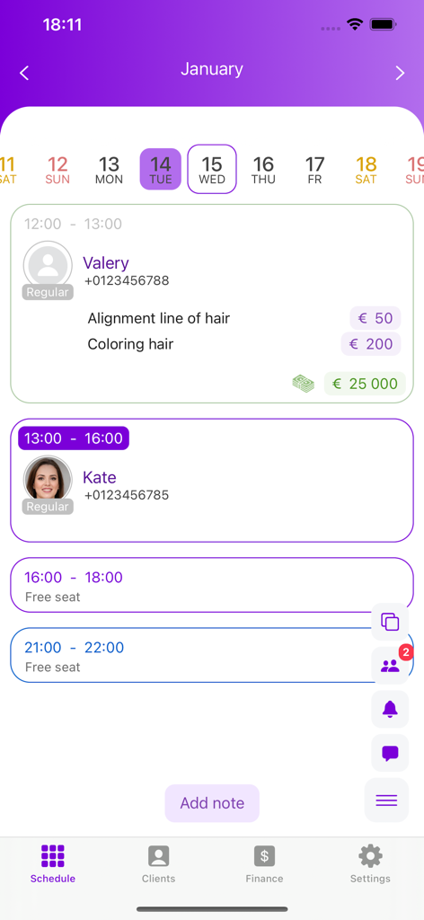 Check In Beauty - scheduler - Eine mobile Oberfläche der Check In Beauty App, die einen Tagesplan mit Kundenterminen und freien Zeitfenstern anzeigt.