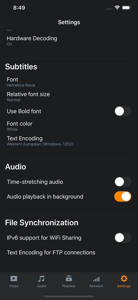 Azul - Video Player for iPhone - The settings interface of the Azul video player app featuring subtitle and audio customization options.