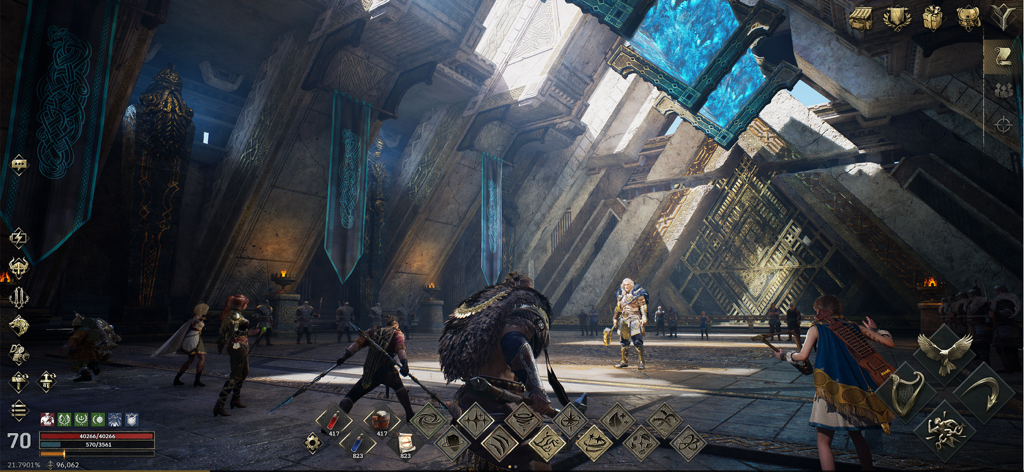 Legend of YMIR - Captura de tela da jogabilidade de Legend of YMIR apresentando guerreiros em um templo de inspiração nórdica