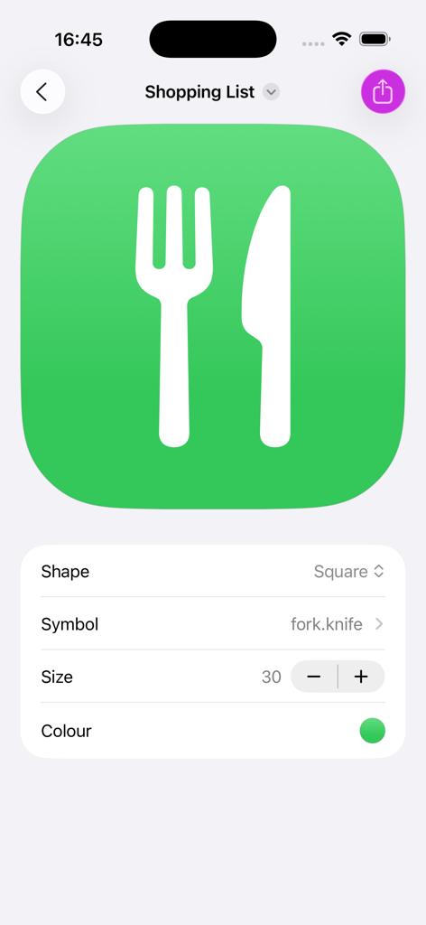 App Icon Maker - Interface do usuário do App Icon Maker mostrando um ícone de aplicativo verde com um símbolo de garfo e faca e configurações de design.