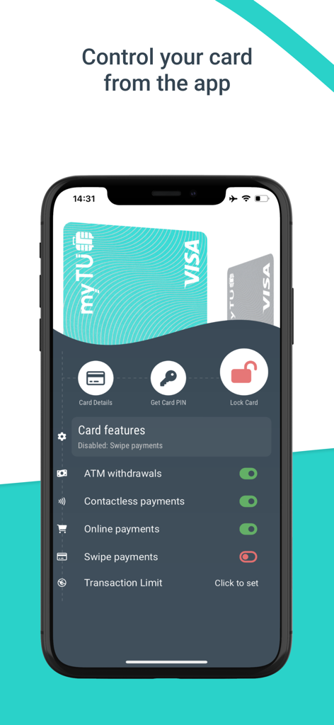 Interface de l'application bancaire mobile myTU montrant les fonctionnalités de gestion de carte comme la récupération du code PIN et les interrupteurs de transaction.