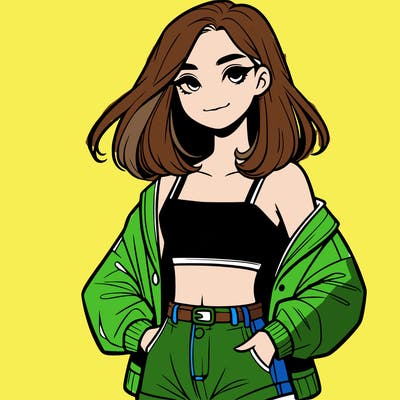 a realistic girl with a crop top and short shorts in an open jacket