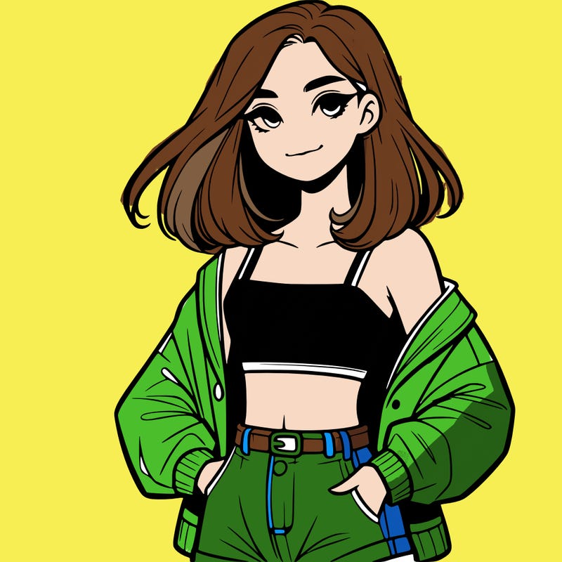 a realistic girl with a crop top and short shorts in an open jacket