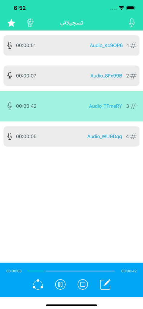 A list of audio recordings in the Voice Recorder app showing durations and playback controls.