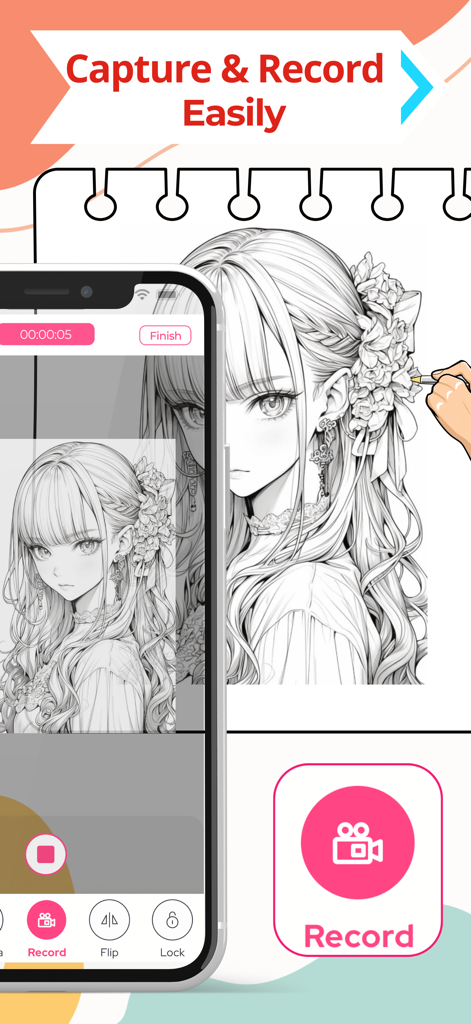 A smartphone screen recording the process of tracing an anime character onto a notebook using the Paint App AR feature