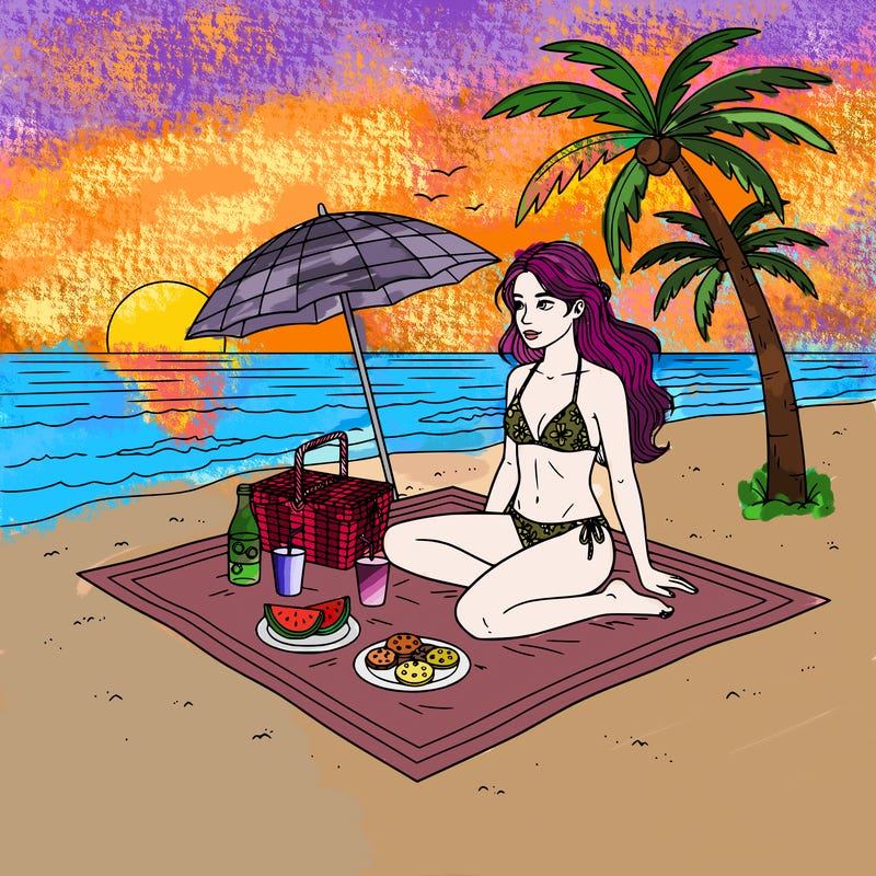picnic on the beach with a girl in bikini