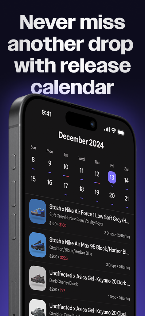SwiftSole - Sneaker Releases - Interface of the SwiftSole app featuring a sneaker release calendar and upcoming shoe drops
