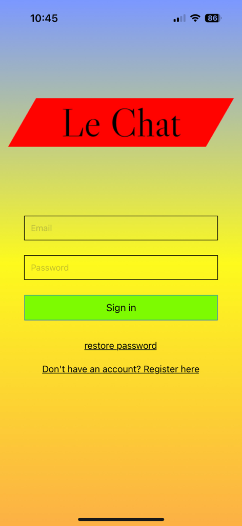 Le Chat Client - Login screen of the Le Chat Client mobile app with email and password input fields