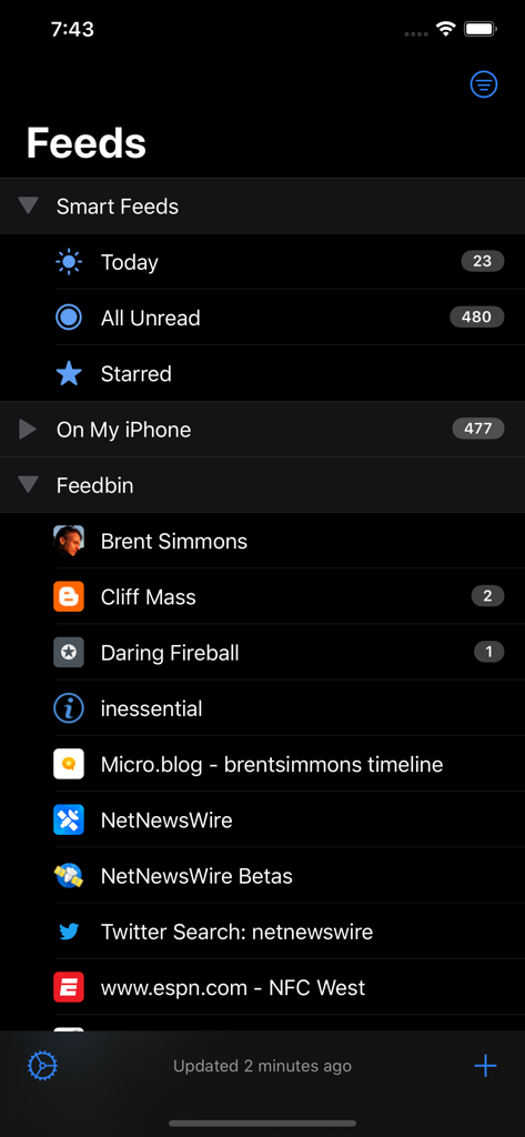 Screenshot of NetNewsWire RSS reader showing the feeds management screen in dark mode