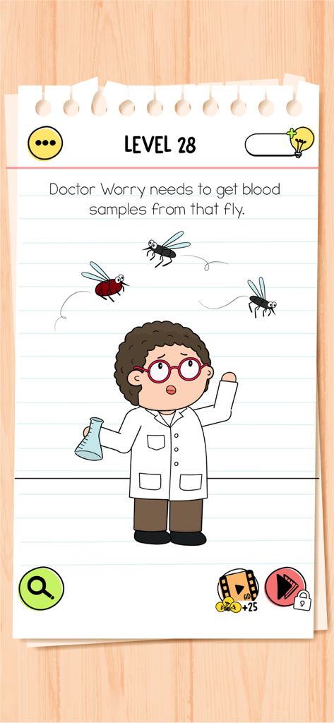 Brain Test 4 level 28 puzzle screen with Doctor Worry and three flies