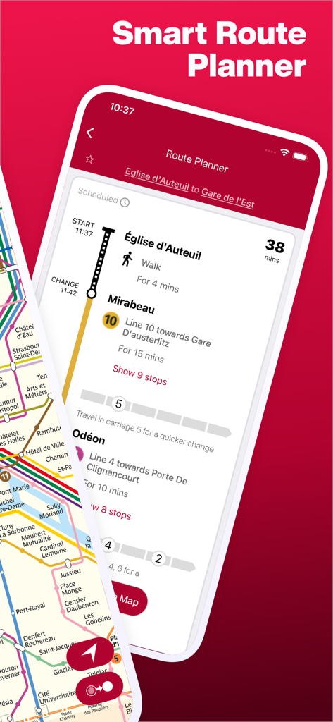 Paris Metro app showing a smart route planner with detailed navigation steps
