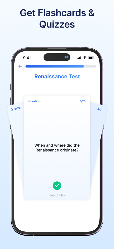 Transkriptor - Speech to Text - Transkriptor app interface showing AI-generated flashcards and study quizzes on a smartphone