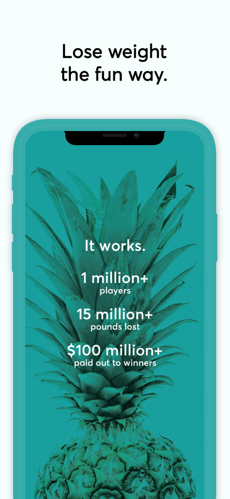 DietBet: Lose Weight & Win! - DietBet App-Bildschirm, der 1 Million Spieler und 100 Millionen Dollar an Gewinner auszahlt